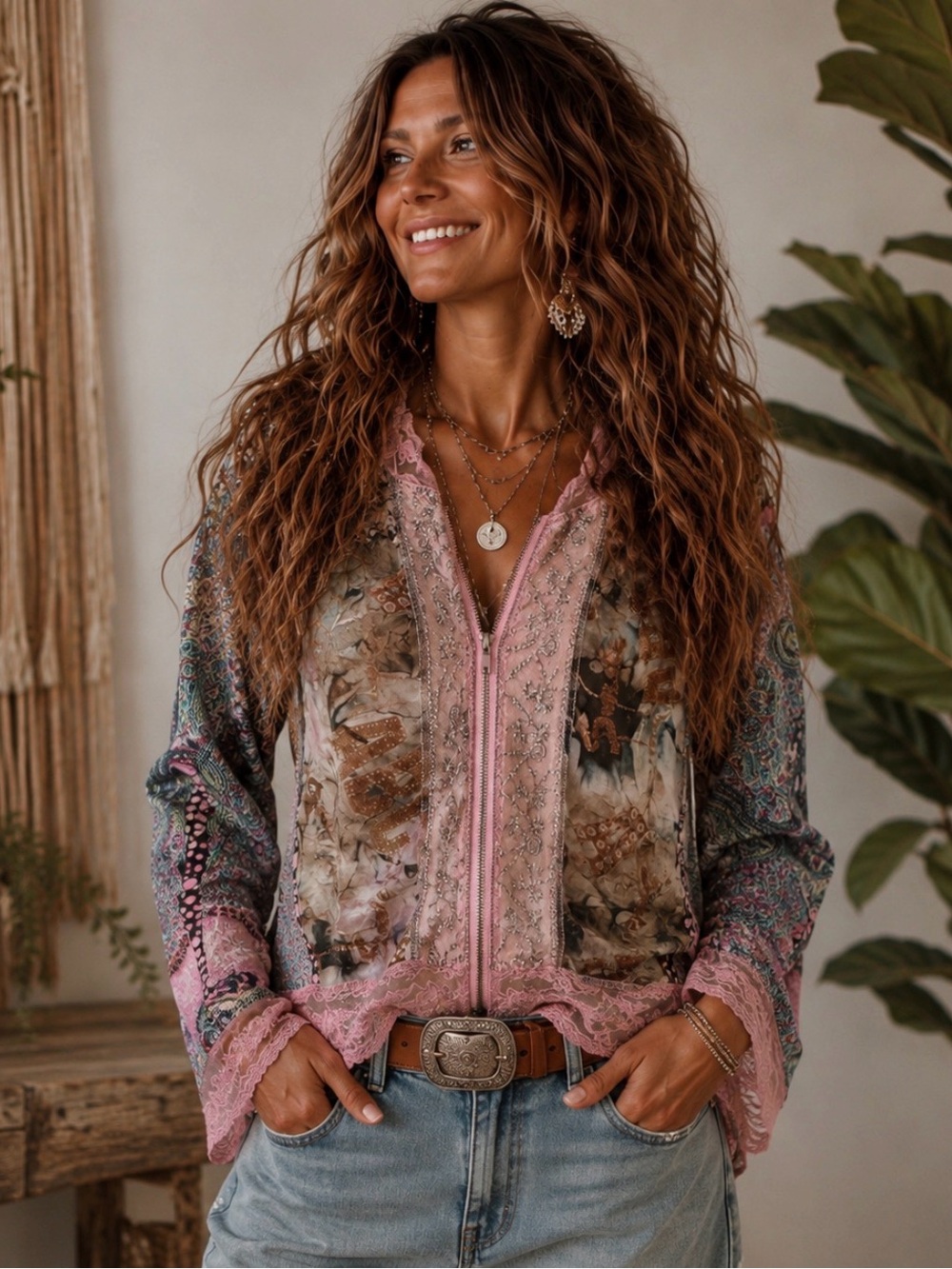 dressbarn Pink Multi Lace-Trim Patchwork Cardigan